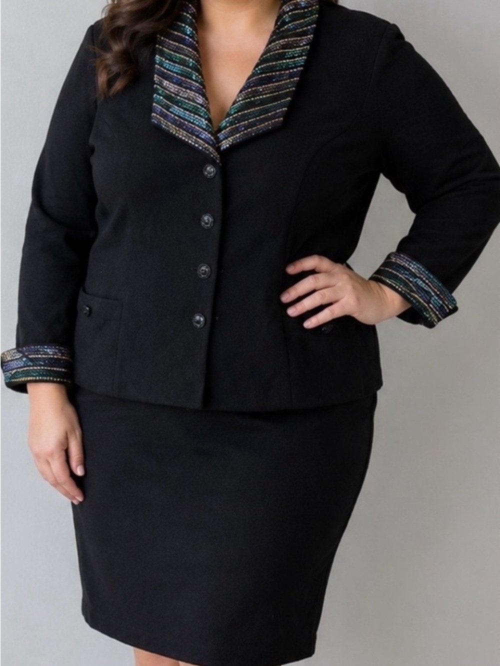 St. John Santana Knit 2pc Skirt Jacket Suit Black Pailettes Sz 12/14